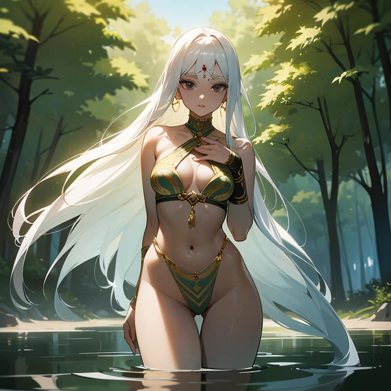 Under the soft light of the sun, an Indian woman of remarkable beauty finds herself alone, immersed in the serenity of nature. Her pale skin glows, reflecting the purity of her surroundings. Long white hair flows gracefully, capturing the essence of the wind dancing between the leaves. The black eyes, deep and contemplative, observe the world with a wisdom that transcends words. Wearing simple tribal clothing, devoid of gold or precious stones, she displays a slim waist that harmonizes with the natural beauty that surrounds her. Medium breasts and lush thighs complete her figure, a testament to the human connection to the earth. Alone, it becomes an integral part of the landscape, a calm representation of the strength and simplicity that emanate from its cultural roots.
