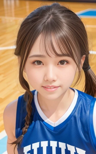 head shot,looking up,dribbling a basketball,,smile,sportswear for basketball, adorable, japanese girl, Hair brown hair,Braid, hair scrunchie, (high color saturation:1.0), highest quality, ultra high resolution, photo-realistic, Super detailed, 8K, RAW photo NSFW