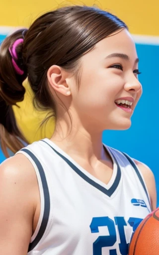 upper body,looking away,dribbling a basketball,,smile,sportswear for basketball, adorable, japanese girl, Hair brown hair,Braid, hair scrunchie, (high color saturation:1.0), highest quality, ultra high resolution, photo-realistic, Super detailed, 8K, RAW photo NSFW