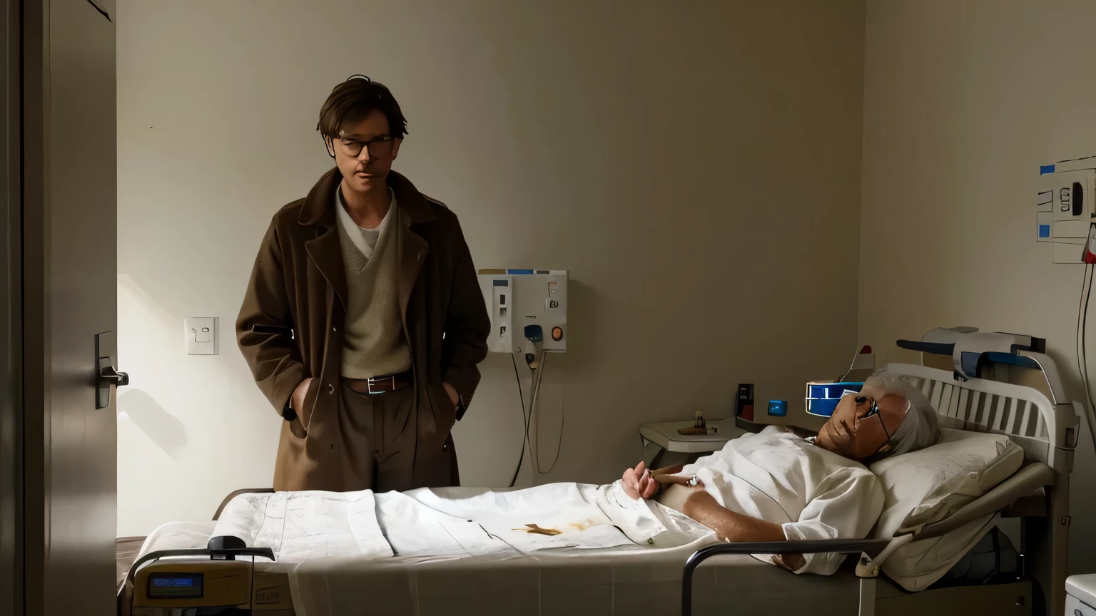 There are only two people in the scene: n young man with light brown hair wearing glasses . um casaco longo marrom, standing next to a hospital bed, olhando para um velho de cabelos brancos deitado na cama do hospital, it is connected to various medical devices