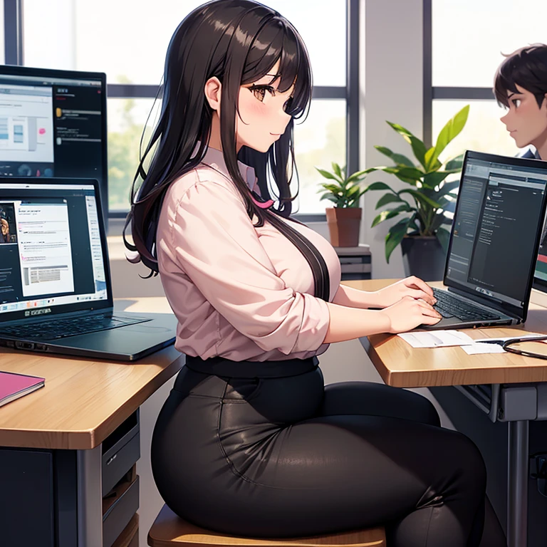 Chubby thic fat bbw Nature wife, black hair, Brown eyes, wearing black pants and pink blouse sitting in the Office, desktop with papers and laptop, talking with co-workers, drinking coffee, 4 man watching, view from the side