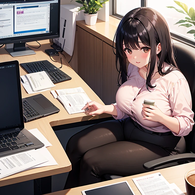 Chubby thic fat bbw Nature wife, black hair, Brown eyes, wearing black pants and pink blouse sitting in the Office, desktop with papers and laptop, talking with co-workers, drinking coffee
