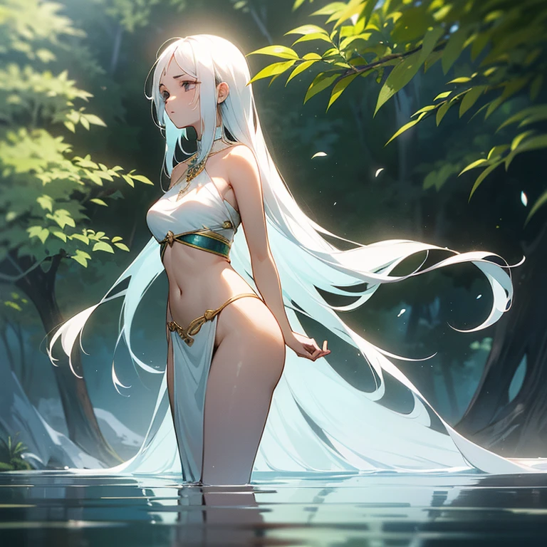 Under the soft light of the sun, an Indian woman of remarkable beauty finds herself alone, immersed in the serenity of nature. Her pale skin glows, reflecting the purity of her surroundings. Long white hair flows gracefully, capturing the essence of the wind dancing between the leaves. The black eyes, deep and contemplative, observe the world with a wisdom that transcends words. Wearing simple tribal clothing, devoid of gold or precious stones, she displays a slim waist that harmonizes with the natural beauty that surrounds her. Medium breasts and lush thighs complete her figure, a testament to the human connection to the earth. Alone, it becomes an integral part of the landscape, a calm representation of the strength and simplicity that emanate from its cultural roots.