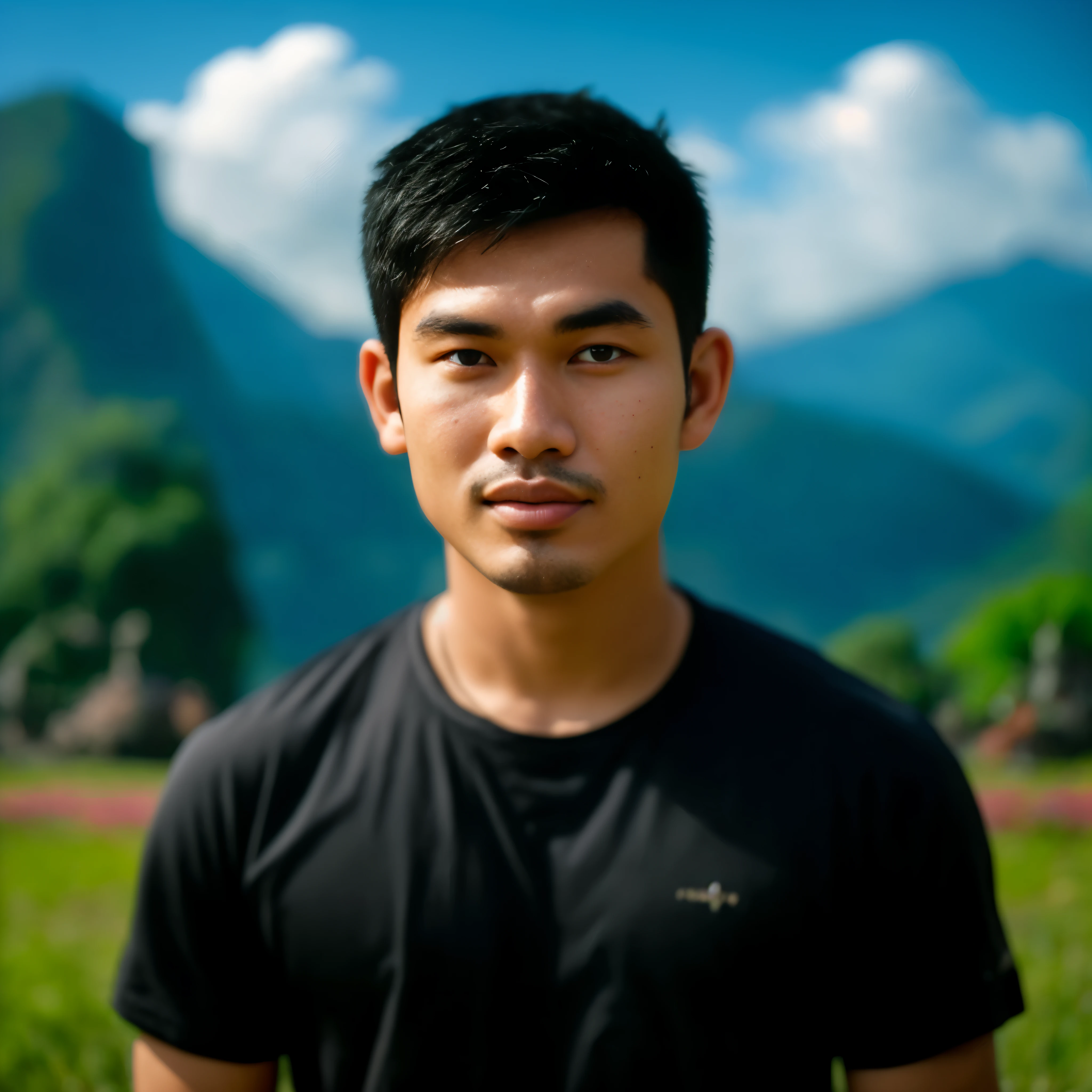 there is a man standing in a field with mountains in the background, nivanh chanthara, profile picture 1024px, damien tran, darren quach, south east asian with round face, david luong, rick dai, bao pham, hoang long ly, thawan duchanee, ngai victo, quy ho