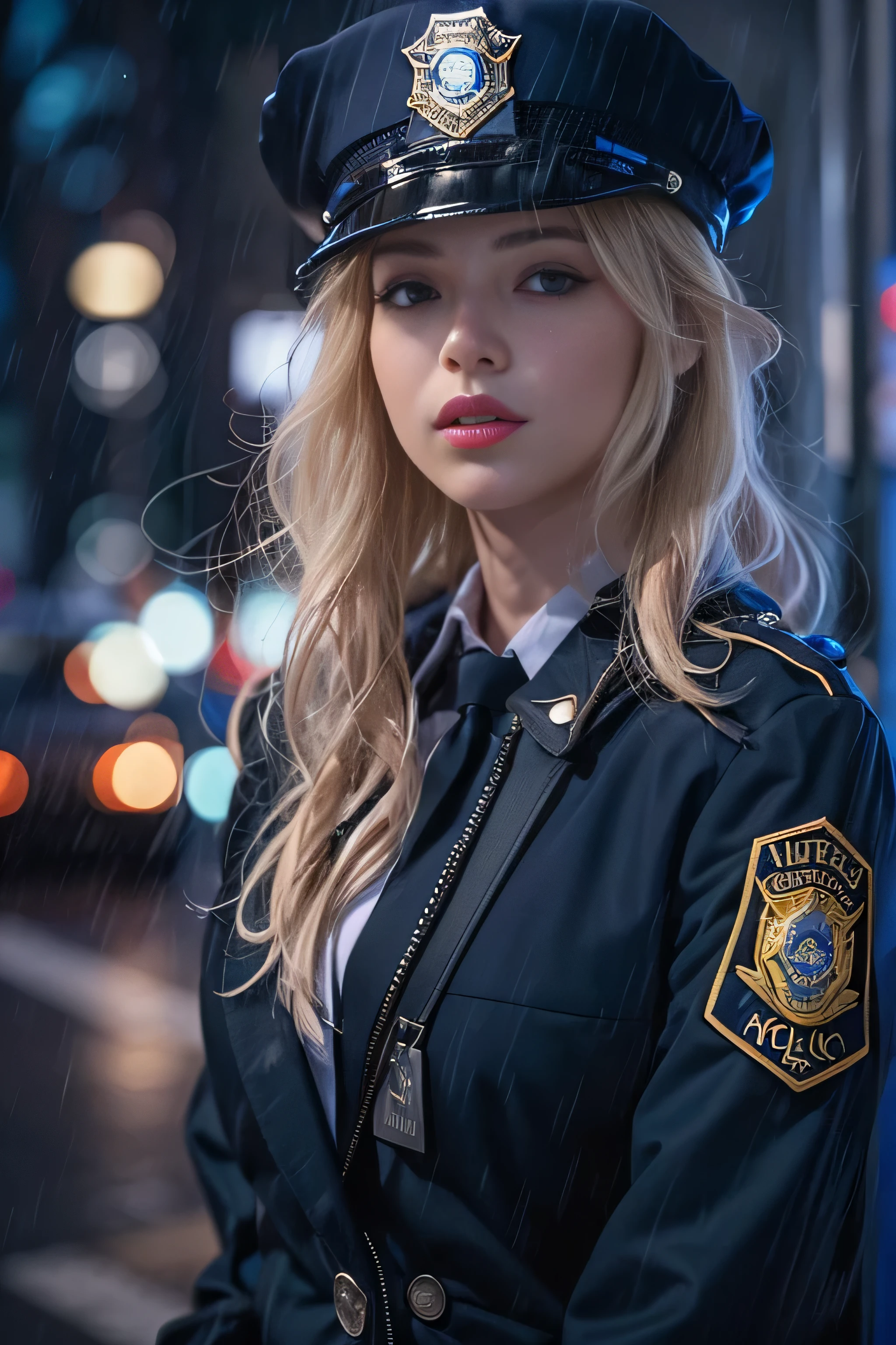 1 female、(american beauty:1.2)、(alone)、(super beautiful)、(beautiful face:1.5)、(detailed face:1.5)、(lipstick:1.1)、(eyeliner:1.2)、mascara、eye shadow、sex appeal、blue eyes、(blonde hair)、wavy hair、asymmetrical bangs、(new york police uniform:1.5)、(wear a uniform jacket:1.5)、(that&#39;it&#39;s raining:1.2)、street at night、Backlight、(medium shot:1.3)