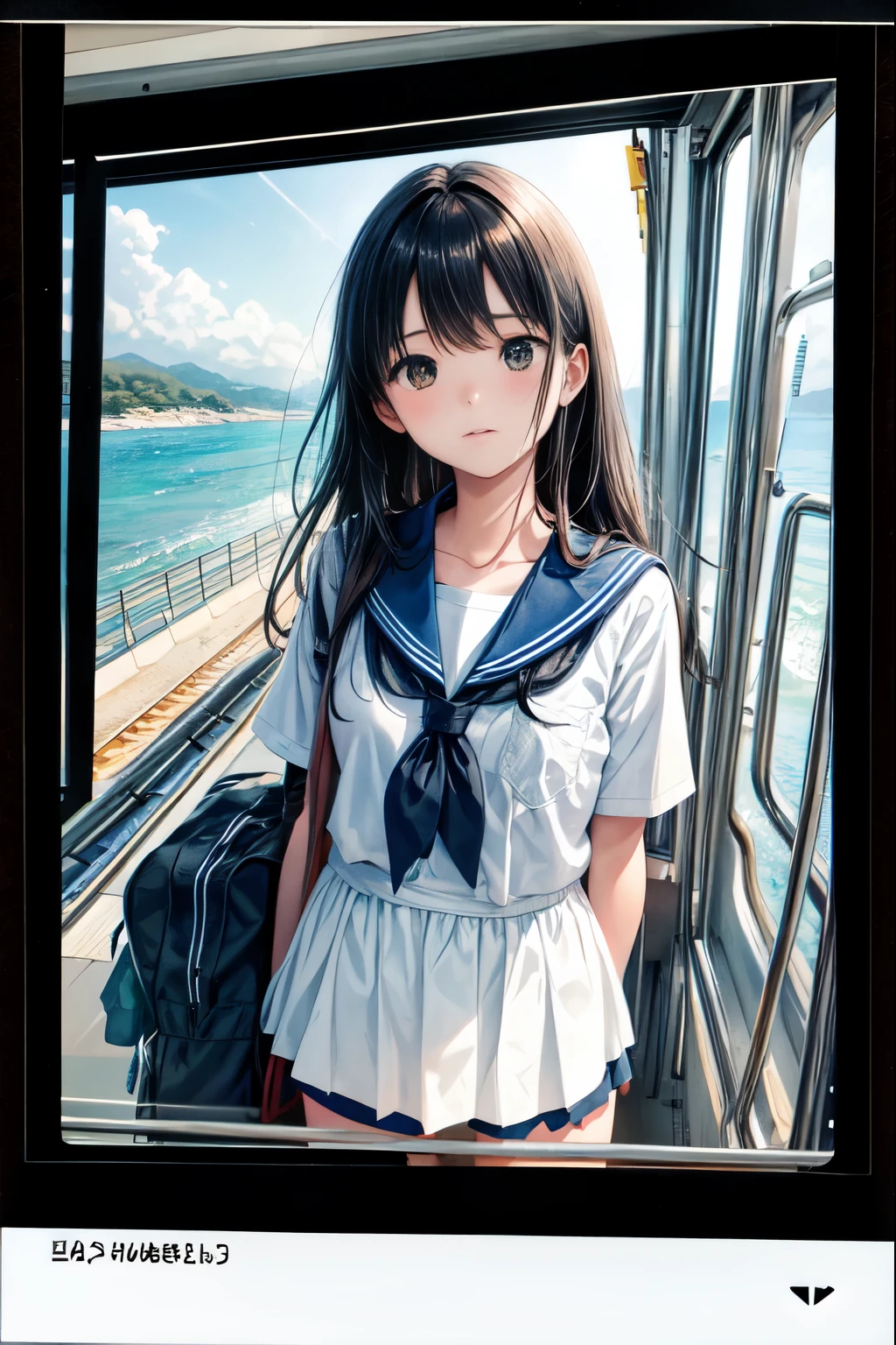 A Polaroid photo capturing the essence of high school life with a girl and her classmates commuting along a coastal railway on the Sea of Japan side. The image is characterized by lens flare, overexposure, white clipping, sweet blur, peripheral darkening, an emotional ambiance, and low resolution.