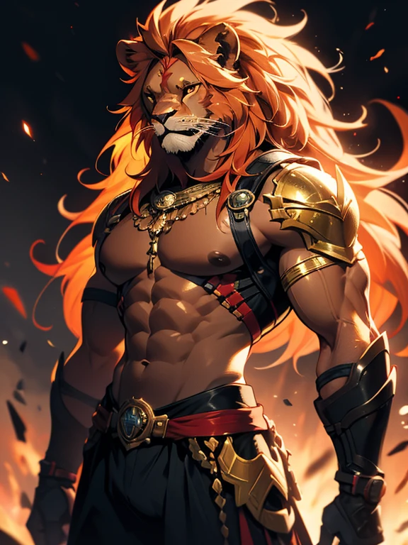 muscle, male, (lion head:1.0), furry, kemono, photo, realism, cgi, warrior, (fighting pose:1.2), tekken, eye glow, (sweat:1.3), dirt, nipple, red hair, (baki:1.2), blood splatter, purple eyes, teeth, (steam:1.0),