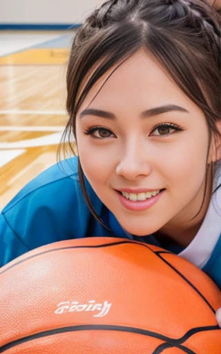 face close-up,looking at viewer,dribbling a basketball,,smile,sportswear for basketball, adorable, japanese girl, Hair brown hair,Braid, hair scrunchie, (high color saturation:1.0), highest quality, ultra high resolution, photo-realistic, Super detailed, 8K, RAW photo NSFW