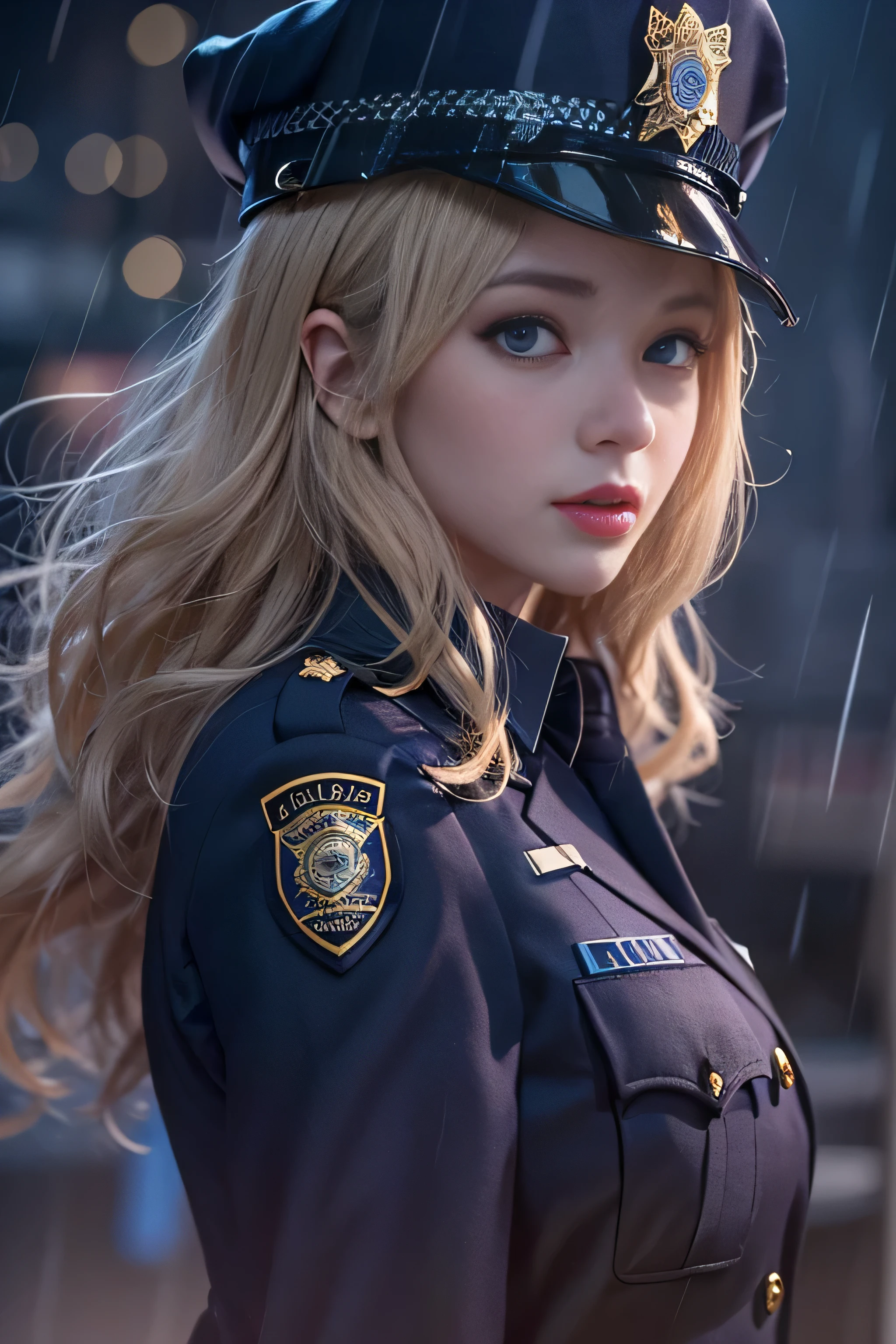 1 female、(american beauty:1.2)、(alone)、(super beautiful)、(beautiful face:1.5)、(detailed face:1.5)、(lipstick:1.1)、(eyeliner:1.2)、mascara、eye shadow、sex appeal、blue eyes、(blonde hair)、wavy hair、asymmetrical bangs、(new york police uniform:1.5)、(wear a uniform jacket:1.5)、(that&#39;it&#39;s raining:1.2)、street at night、Backlight、(medium shot:1.3)
