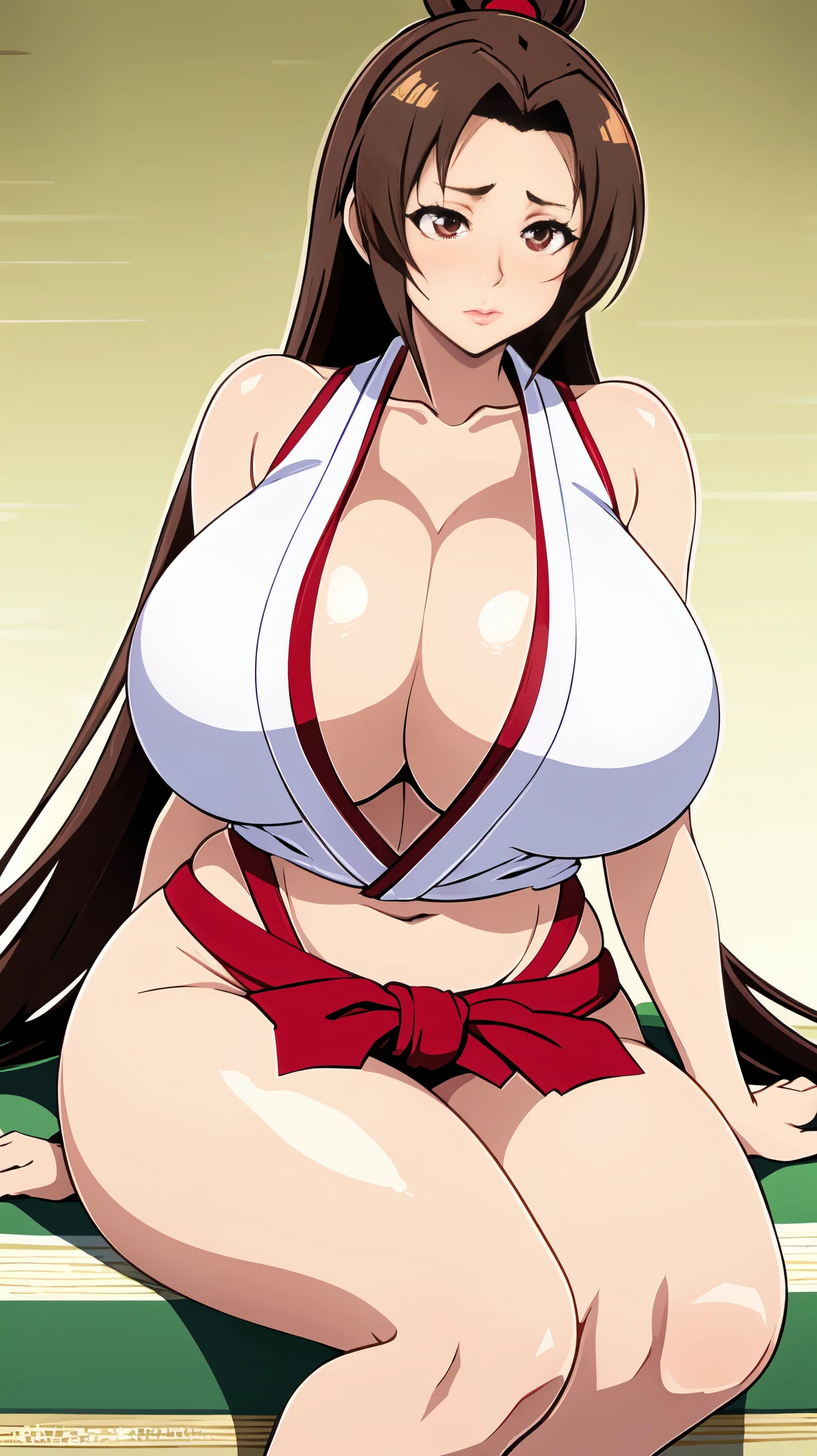 1 girl , Mai Shiranui, anime, king of fighters, big breasted, gigantic breasts, long hair, long saggy breasts, High definition, sitting down, dark brown hair, wardrobe, changing clothes, embarrassing, embarrassed, blushing, naked, wearing no clothes , high quality , solo, laying down, giant oppai, oppai ratio