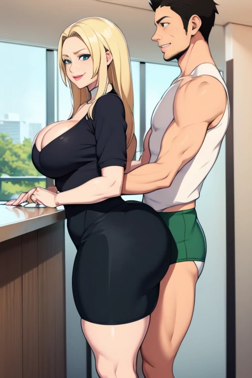 Senju Tsunade, ((Bimbo))), Long Blond Hair, cute smile face, Puffy lips, Painted lips, thick lips, wide hips, thick thighs, Huge ass, The face of craving desire , cleavage, mature mom, standing at desk, teasing, tight pencil skirt, guy is groping her ass, guy is grabbing her ass, ass being squeezed, view from side