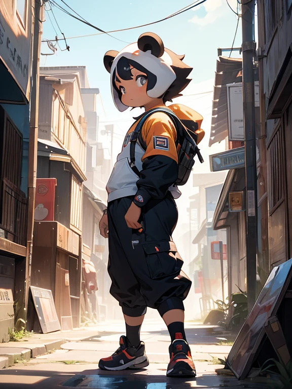 ((Foto en bruto)), ((obra-prima)), Anthropomorphic humanoid panda no clothes, Caminar entre personas, Detalles intrincados, intrincadas piezas de Greebles, City behind, Zapatillas de deporte, cuerpo musculoso, brazos musculosos, Small head, Ogro monstruoso, Titan, soft illuminaotion, hiperrealista