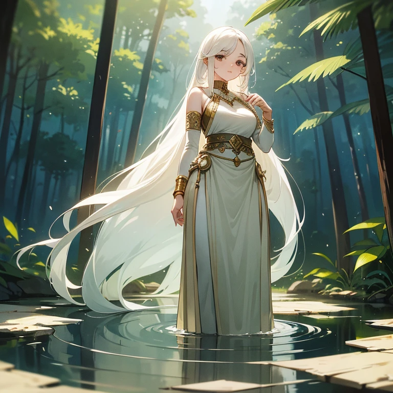 Under the soft light of the sun, an Indian woman of remarkable beauty finds herself alone, immersed in the serenity of nature. Her pale skin glows, reflecting the purity of her surroundings. Long white hair flows gracefully, capturing the essence of the wind dancing between the leaves. The black eyes, deep and contemplative, observe the world with a wisdom that transcends words. Wearing simple tribal clothing, devoid of gold or precious stones, she displays a slim waist that harmonizes with the natural beauty that surrounds her. Medium breasts and lush thighs complete her figure, a testament to the human connection to the earth. Alone, it becomes an integral part of the landscape, a calm representation of the strength and simplicity that emanate from its cultural roots.