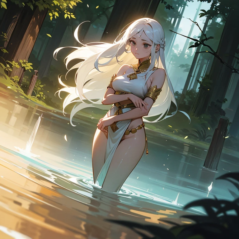 Under the soft light of the sun, an Indian woman of remarkable beauty finds herself alone, immersed in the serenity of nature. Her pale skin glows, reflecting the purity of her surroundings. Long white hair flows gracefully, capturing the essence of the wind dancing between the leaves. The black eyes, deep and contemplative, observe the world with a wisdom that transcends words. Wearing simple tribal clothing, devoid of gold or precious stones, she displays a slim waist that harmonizes with the natural beauty that surrounds her. Medium breasts and lush thighs complete her figure, a testament to the human connection to the earth. Alone, it becomes an integral part of the landscape, a calm representation of the strength and simplicity that emanate from its cultural roots.