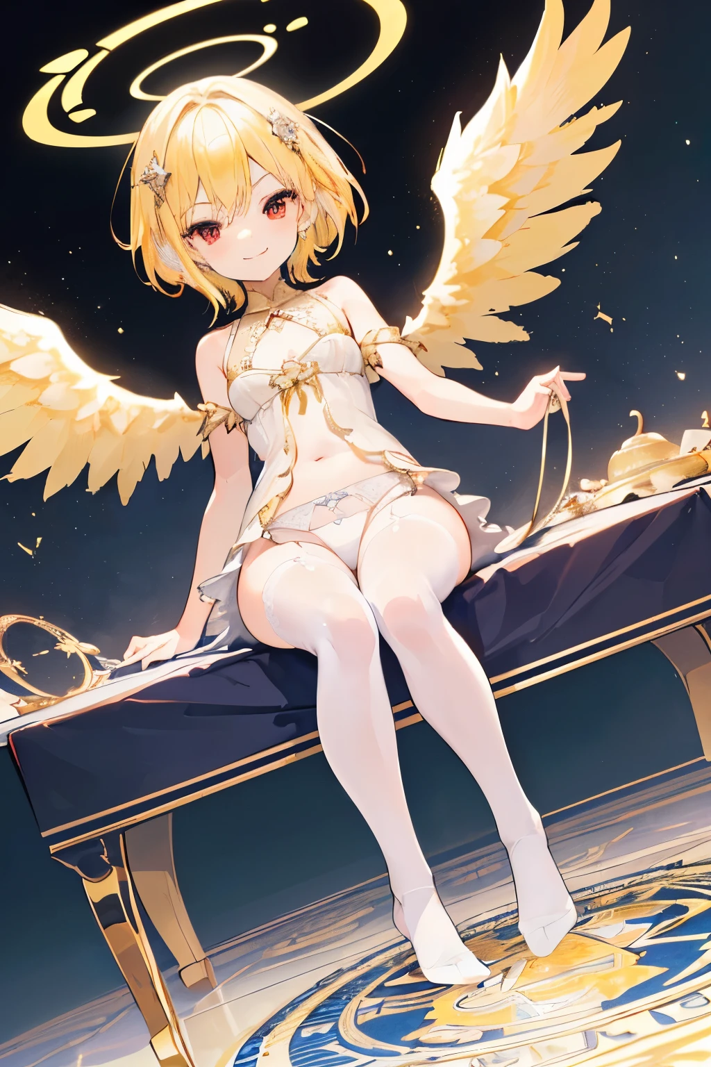 (((1girl))), ((best quality)), ((masterpiece)), ((ultra-detailed)), (illustration), (detailed light), (an extremely delicate and beautiful), (beautiful detailed eyes), (sunlight), ((extremely light)), ((extremely clothes)), (((hyper detail)))
(((adorable white lingerie))),
wavy short manish bob, ((((yellow gold hair)))), ((short hair)),
(((deep red eyes))),
((angel)), (((angel wings))), ((angel halo)),
(((whole body))), aged 13 to 16,
(((extra adorable))), (((extra slender shape))),
(((extremely beautiful detailed face))),
(mischievous smile with sexual satisfaction), (adorable smile),
(((condescending expression))),
(((sitting on the magic circle with a leg up))), (((((Dutch angle))))),
((())), ((from below)),
(((extremely thin thighs))), (((white stockings)))