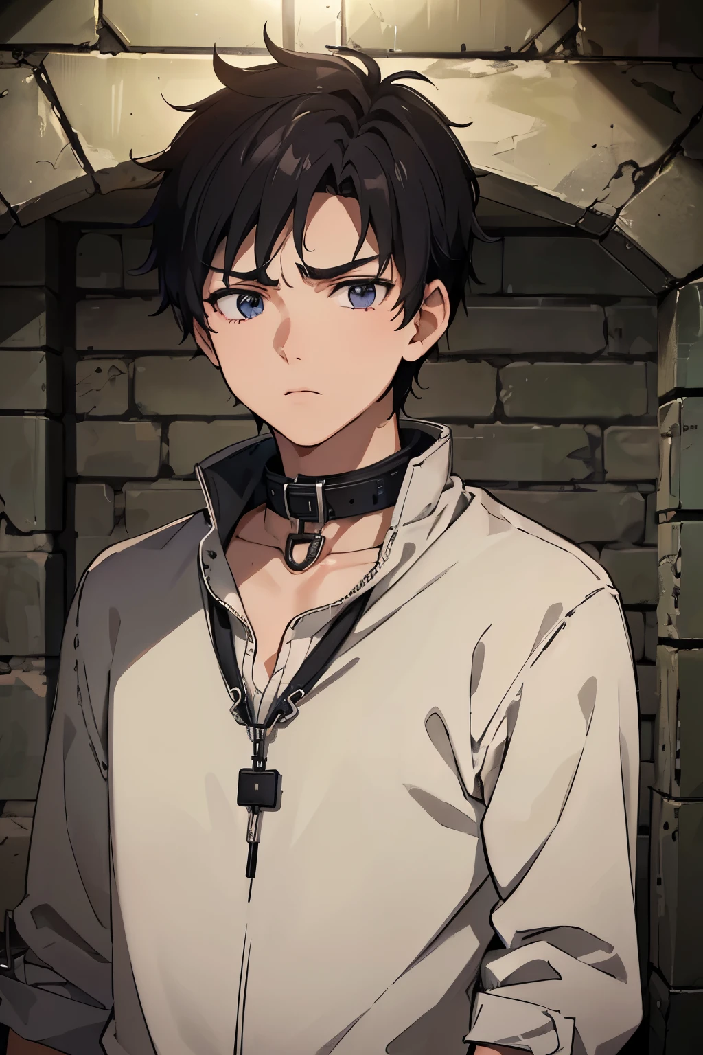 (best quality, 4k, 8k, high resolution, master part: 1.2), ultra-detailed, A 15-year-old boy, black hair and eyes, serious expression, furrowed eyebrows, dirty brown clothes, trapped in a dark underground, collar around his neck . Background, underground with snow.