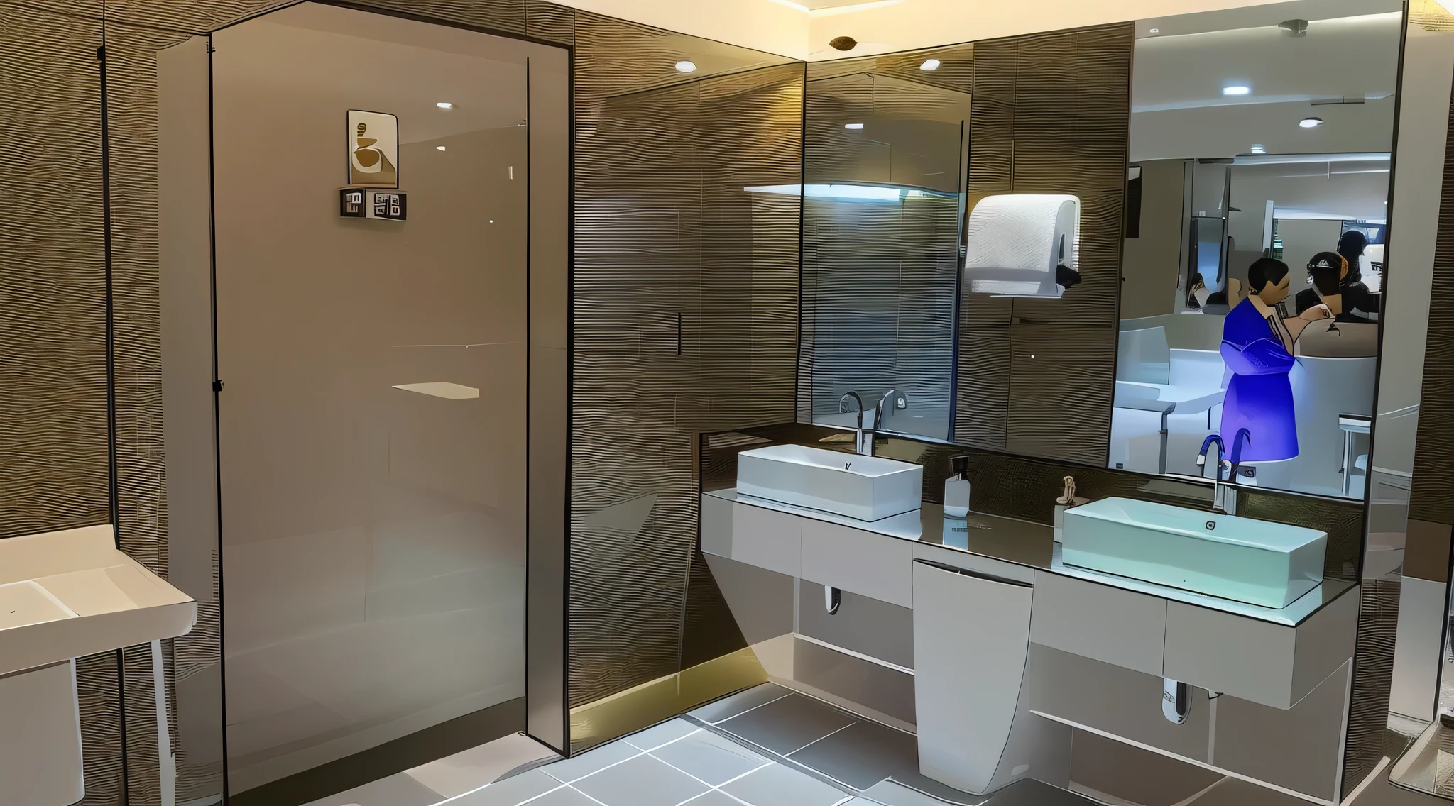 there is a bathroom with two sinks and a shower, the banheiro is shiny, in banheiro, in a banheiro, mirror and glass surfaces, foto tirada em 2 0 2 0, strong lighting!, excepcional, Hand dryer for commercial washbasin, banheiro, interior of a banheiro, limpar imagem, handicapped accessible, banheiro, gaming banheiro, Description