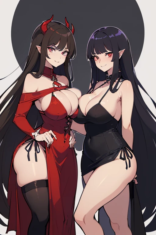 ((1 demon woman, curvy with long black hair and blue eyes huge breasts wearing a very small and tight and very revealing dress)),((1 curvy demon woman with long brown hair and red eyes with huge bigger breasts and wearing a mini skirt that shows her panties)),((two different women looking at each other, with a perverted smile)),((view from below, standing, profiting from destruction))