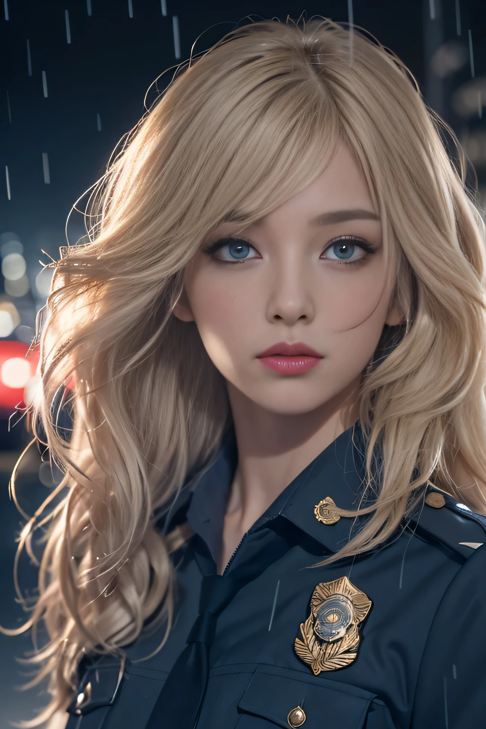 1 female、(american beauty:1.2)、(alone)、(super beautiful)、(beautiful face:1.5)、(detailed face:1.5)、(lipstick:1.1)、(eyeliner:1.2)、mascara、eye shadow、sex appeal、blue eyes、(blonde hair)、wavy hair、asymmetrical bangs、(new york police uniform:1.5)、(wear a uniform jacket:1.5)、(that&#39;it&#39;s raining:1.2)、street at night、Backlight、(medium shot:1.3)