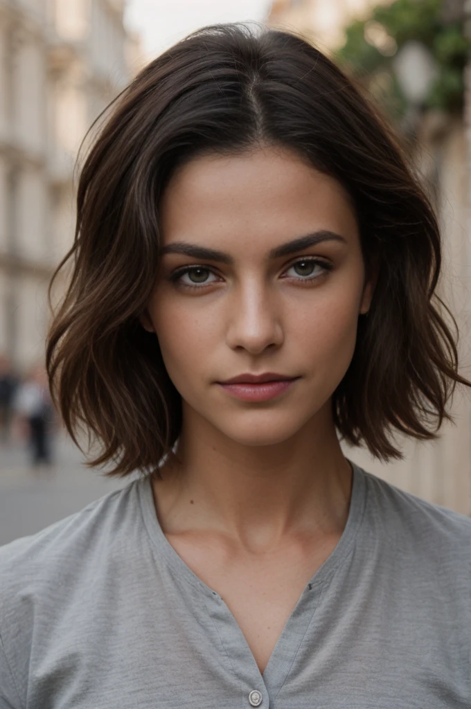 mujer adulta, Cabello negro corto y desordenado detallado, plano medio, Muscular, Solo, sexy, pechos grandes, vaqueros, camisa corta, manos en el cabello, Very dark brown supermodel, Hermoso rostro, ojos azules, cuerpo detallado, ojos perfectos, cara perfecta, daytime lighting, sombras detalladas, HDR, Fotorrealista, bien iluminado,