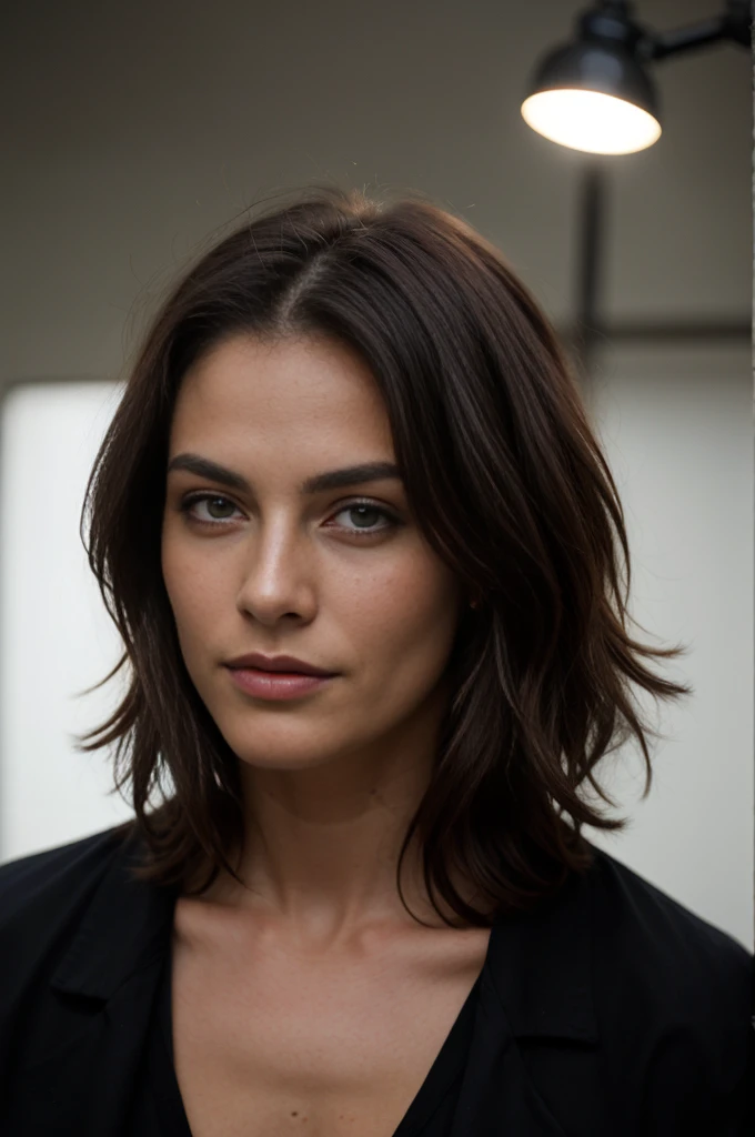 mujer adulta, Cabello negro corto y desordenado detallado, plano medio, Muscular, Solo, sexy, pechos grandes, vaqueros, camisa corta, manos en el cabello, Very dark brown supermodel, Hermoso rostro, ojos azules, cuerpo detallado, ojos perfectos, cara perfecta, daytime lighting, sombras detalladas, HDR, Fotorrealista, bien iluminado,