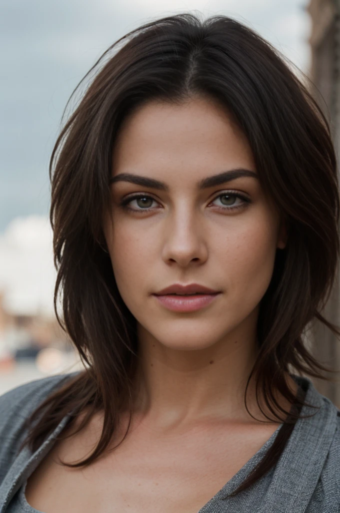 mujer adulta, Cabello negro corto y desordenado detallado, plano medio, Muscular, Solo, sexy, pechos grandes, vaqueros, camisa corta, manos en el cabello, Very dark brown supermodel, Hermoso rostro, ojos azules, cuerpo detallado, ojos perfectos, cara perfecta, daytime lighting, sombras detalladas, HDR, Fotorrealista, bien iluminado,
