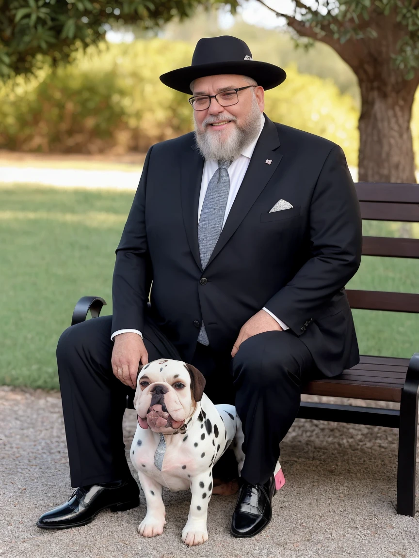 Uma luz amarelada de fim de tarde ilumina o corpo e o ambiente, Wear a suit blazer, formal tie, dress pants, black shoes,alta qualidade,altamente detalhado,cena intensa, solid, Gritty reality scenario for a 62 year old sexy and fat bearded man full of sweat full body big belly only he is wearing prescription glasses or Sport glasses in the image, barbudo grizalho, barba Grande
 , smiling Laughing expression of great happiness, wearing a hat or wearing a hat on the head, ((ele usa apenas no corpo cueca box com detalhes branco)),rosto atordoado,Abra as pernas, Florida square environment luxurious outdoor place, He walks his English Cocker Spaniel or English Bulldog, Dalmatians, collie, Maltese, he affectionately holds the dog in his arm or holds him petting him on his lap.