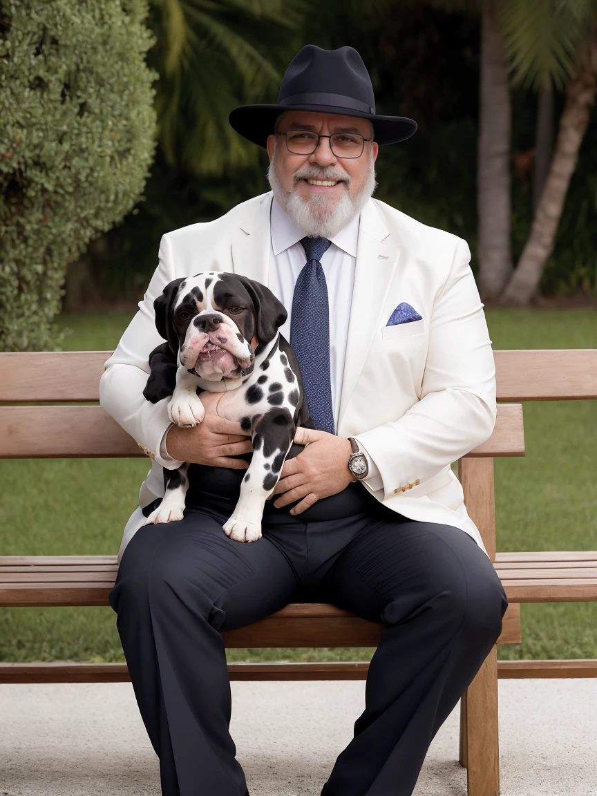 Uma luz amarelada de fim de tarde ilumina o corpo e o ambiente, Wear a suit blazer, formal tie, dress pants, black shoes,alta qualidade,altamente detalhado,cena intensa, solid, Gritty reality scenario for a 62 year old sexy and fat bearded man full of sweat full body big belly only he is wearing prescription glasses or Sport glasses in the image, barbudo grizalho, barba Grande
 , smiling Laughing expression of great happiness, wearing a hat or wearing a hat on the head, ((ele usa apenas no corpo cueca box com detalhes branco)),rosto atordoado,Abra as pernas, Florida square environment luxurious outdoor place, He walks his English Cocker Spaniel or English Bulldog, Dalmatians, collie, Maltese, he affectionately holds the dog in his arm or holds him petting him on his lap.