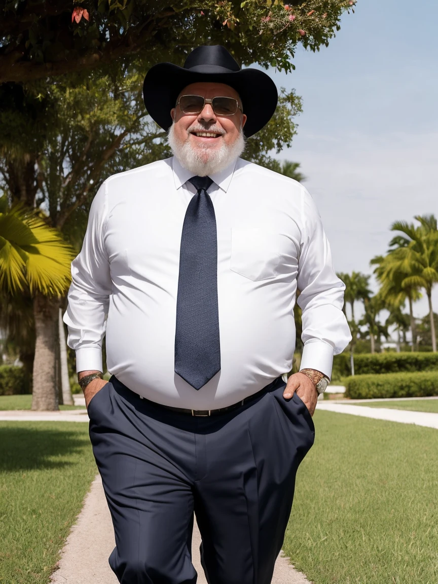 Uma luz amarelada de fim de tarde ilumina o corpo e o ambiente, Wear a suit blazer, formal tie, dress pants, black shoes,alta qualidade,altamente detalhado,cena intensa, solid, Gritty reality scenario for a 62 year old sexy and fat bearded man full of sweat full body big belly only he is wearing prescription glasses or Sport glasses in the image, barbudo grizalho, barba Grande
 , smiling Laughing expression of great happiness, wearing a hat or wearing a hat on the head, ((ele usa apenas no corpo cueca box com detalhes branco)),rosto atordoado,Abra as pernas, Florida square environment luxurious outdoor place, He walks his English Cocker Spaniel or English Bulldog, Dalmatians, collie, Maltese, he affectionately holds the dog in his arm or holds him petting him on his lap.