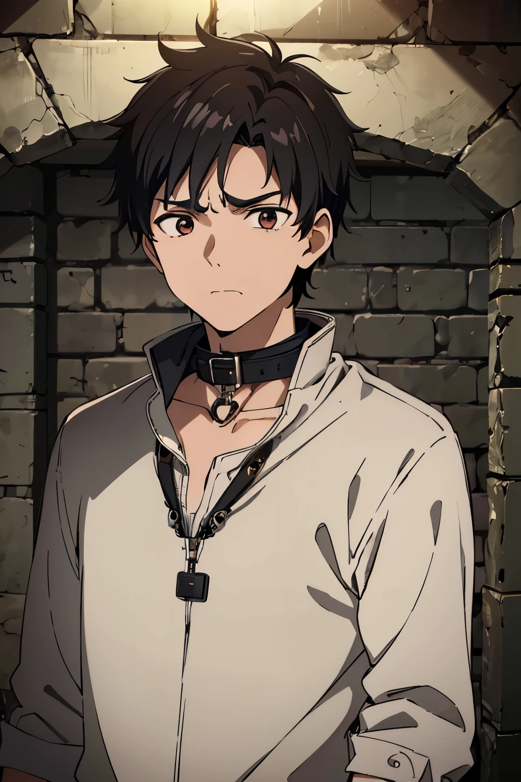 (best quality, 4k, 8k, high resolution, master part: 1.2), ultra-detailed, A 15-year-old boy, black hair and eyes, angry expression, anger, furrowed eyebrow, dirty brown clothes, trapped in a dark underground, collar in the neck . Background, underground with snow.