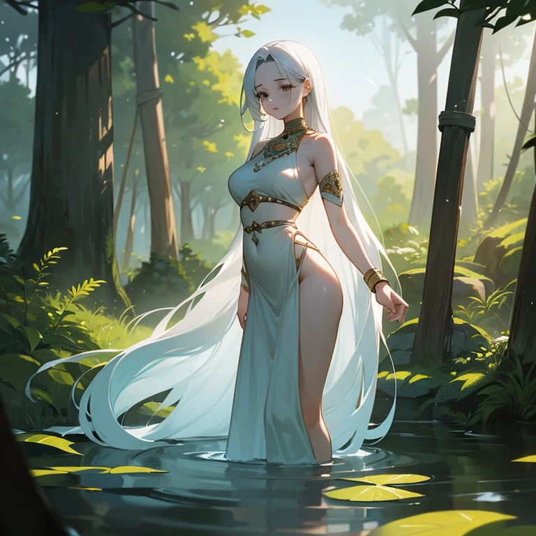 Under the soft light of the sun, an Indian woman of remarkable beauty finds herself alone, immersed in the serenity of nature. Her pale skin glows, reflecting the purity of her surroundings. Long white hair flows gracefully, capturing the essence of the wind dancing between the leaves. The black eyes, deep and contemplative, observe the world with a wisdom that transcends words. Wearing simple tribal clothing, devoid of gold or precious stones, she displays a slim waist that harmonizes with the natural beauty that surrounds her. Medium breasts and lush thighs complete her figure, a testament to the human connection to the earth. Alone, it becomes an integral part of the landscape, a calm representation of the strength and simplicity that emanate from its cultural roots.