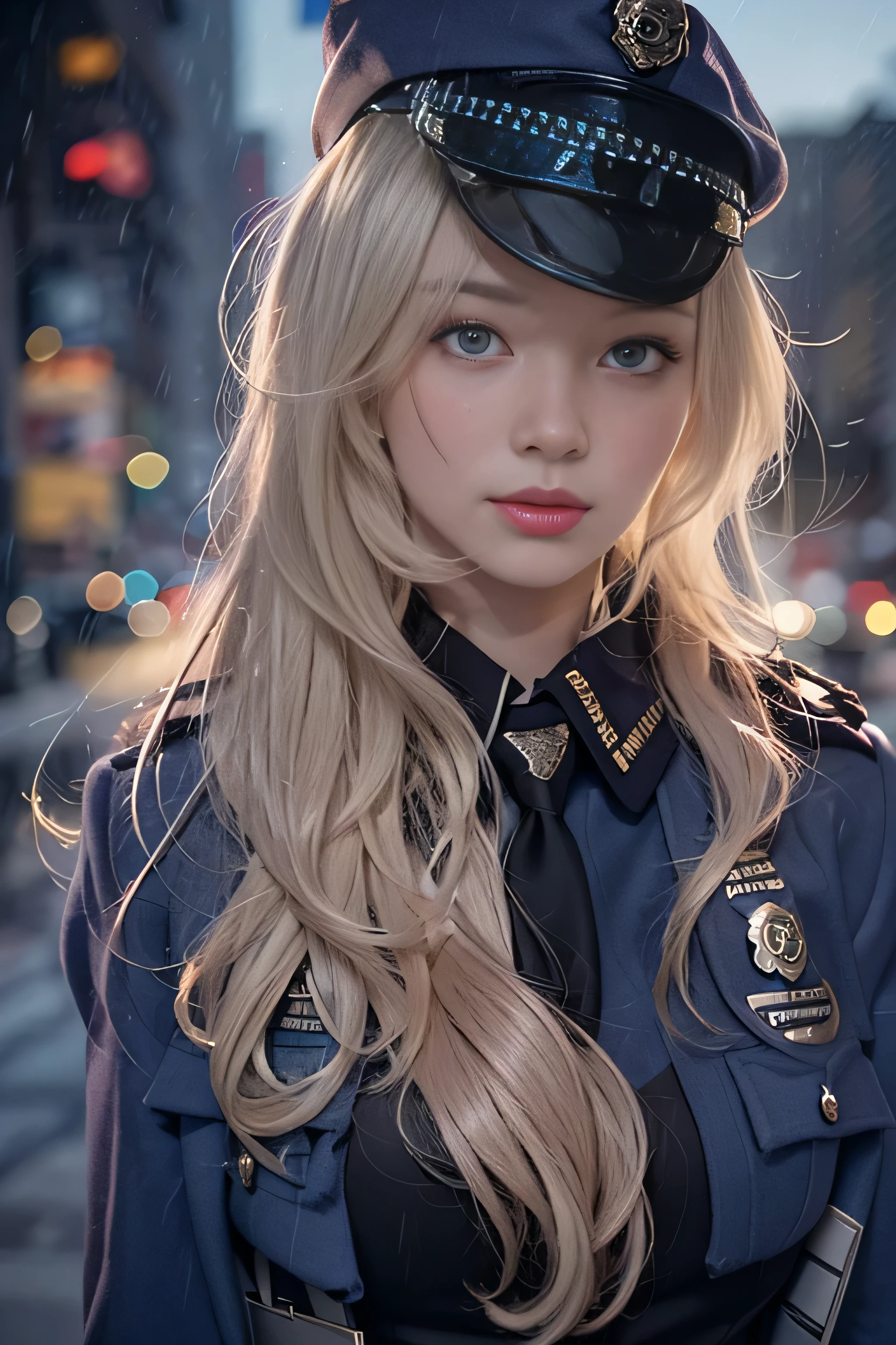 1 female、(american beauty:1.2)、(alone)、(super beautiful)、(beautiful face:1.5)、(detailed face:1.5)、(lipstick:1.1)、(eyeliner:1.2)、mascara、eye shadow、sex appeal、blue eyes、(blonde hair)、wavy hair、asymmetrical bangs、(new york police uniform:1.5)、(wear a uniform jacket:1.5)、(that'it's raining:1.2)、street at night、Backlight、(medium shot:1.3)