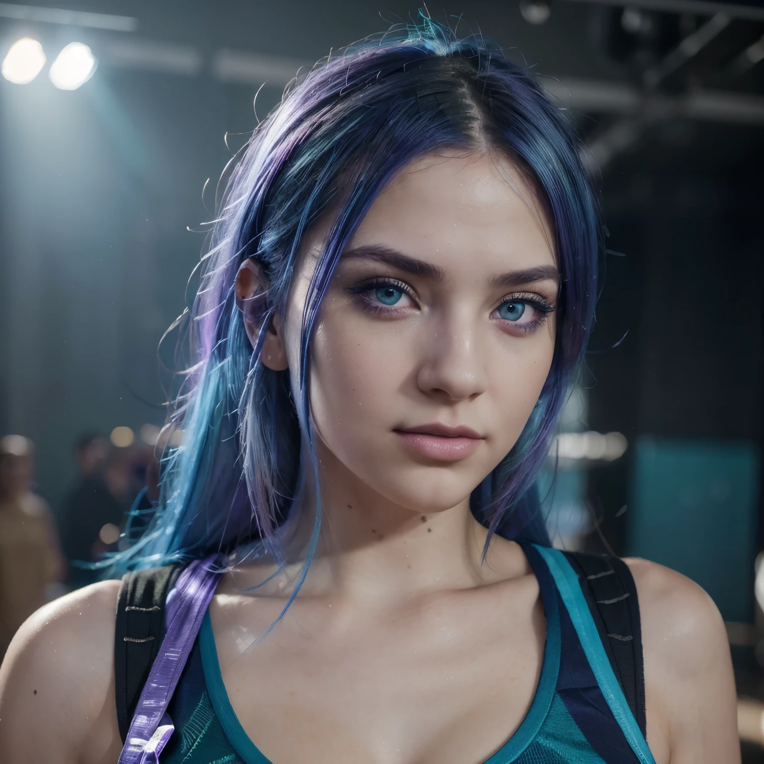 (a girl with) vibrant blue hair, (beautiful purple highlights), and stunning green eyes, (best quality, highres:1.2) [vivid colors], (ultra-detailed) [long eyelashes], (realistic:1.37) [detailed face and expression], (professional) [studio lighting], [sharp focus], (bokeh), (physically-based rendering), [colorful background], [dynamic pose], (concept artists), [fantasy ambiance], (bright and contrasting colors), (soft and diffused lighting)