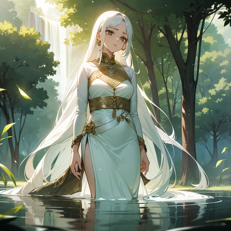 Under the soft light of the sun, an Indian woman of remarkable beauty finds herself alone, immersed in the serenity of nature. Her pale skin glows, reflecting the purity of her surroundings. Long white hair flows gracefully, capturing the essence of the wind dancing between the leaves. The black eyes, deep and contemplative, observe the world with a wisdom that transcends words. Wearing simple tribal clothing, devoid of gold or precious stones, she displays a slim waist that harmonizes with the natural beauty that surrounds her. Medium breasts and lush thighs complete her figure, a testament to the human connection to the earth. Alone, it becomes an integral part of the landscape, a calm representation of the strength and simplicity that emanate from its cultural roots.