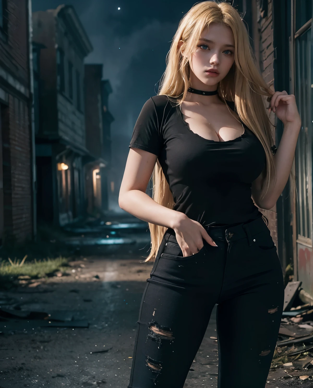 1girl, Blue eyes, (serious face), (in an abandoned town at night :1.4), gothic horror vibes, (Sana Minatozaki), wide hips, Big , big ass, (Best Quality, 8k, Masterpiece: 1.3), perfect hands, Clear Focus: 1.2, Perfect Body Beauty: 1.4, Highly detailed face and skin texture, detailed eyes, double eyelids, (blonde long hair :1.2), (black cleavage t-shirt), (jeans), standing, dynamic pose, Dense weather, ((dark theme :1.3)), (in the dark), (fog), dark background
