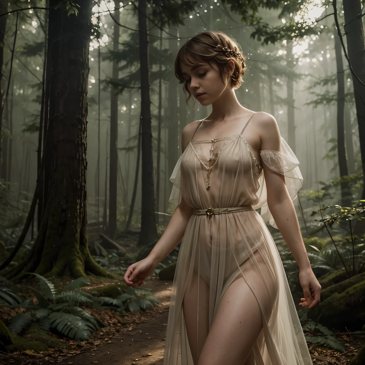 Sophia Lillis, plump body, braided hair, fantasy forest, fantasy picture, sheer gown