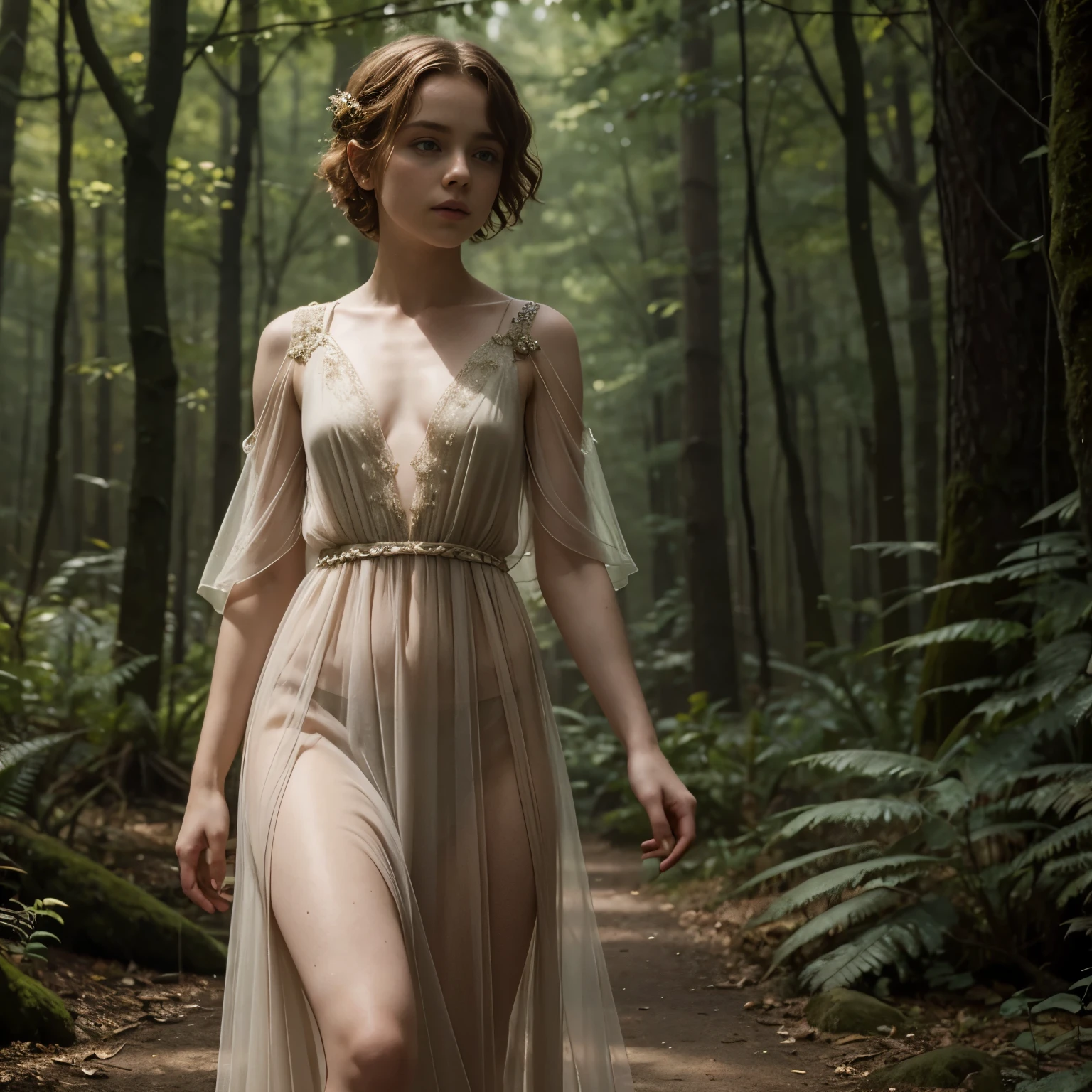 Sophia Lillis, plump body, braided hair, fantasy forest, fantasy picture, sheer gown
