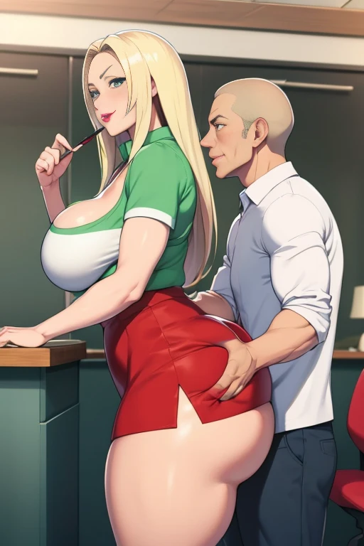 Senju Tsunade, ((Bimbo))), Long Blond Hair, cute smile face, Puffy lips, Painted lips, thick lips, wide hips, thick thighs, Huge ass, The face of craving desire , cleavage, mature mom, standing at desk, teasing, tight pencil skirt, guy is groping her ass, guy is grabbing her ass, ass being squeezed, view from side