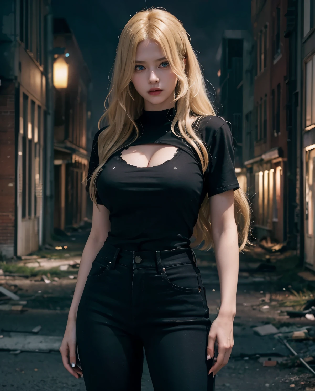 1girl, Blue eyes, (smile), (in a dark mansion :1.4), (close-up at face :1.2), gothic horror vibes, (Sana Minatozaki), wide hips, Big , big ass, (Best Quality, 8k, Masterpiece: 1.3), perfect hands, Clear Focus: 1.2, Perfect Body Beauty: 1.4, Highly detailed face and skin texture, detailed eyes, double eyelids, (blonde long hair :1.2), (black cleavage t-shirt), (jeans), standing, dynamic pose, ((dark theme :1.3)), (in the dark), dark background
