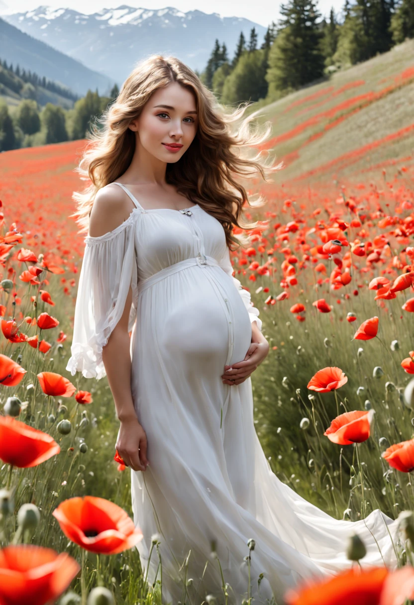 une belle femme avec des cheveux foncés et enceinte de 7 mois debout dans un champ de coquelicots, il ya des montagnes enneigées blanches en arriere plan et une magnifique riviere en premier plan