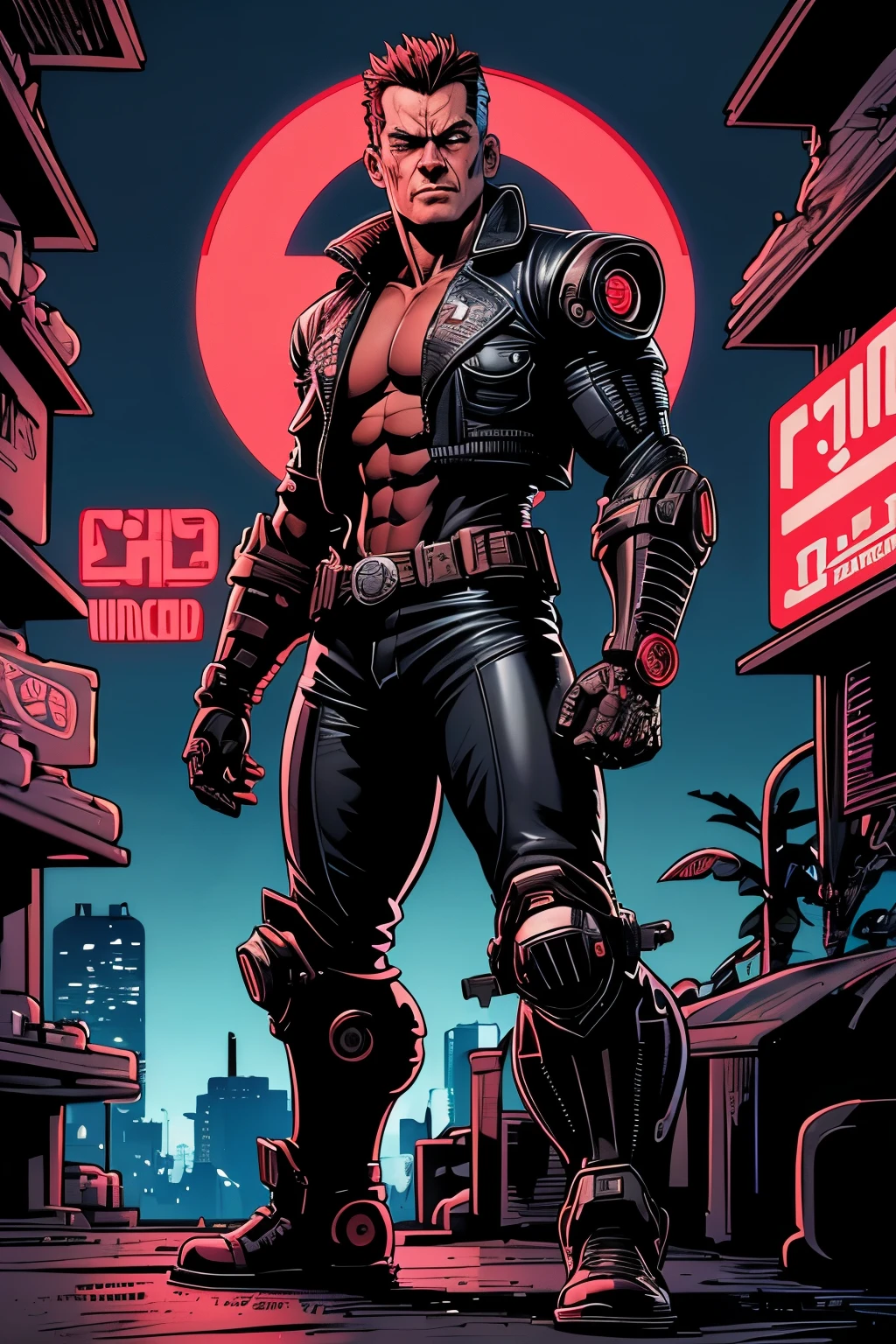 Comic art. The terminator, i'll be back, 28 years old, intricate details, detailed texture, finely detaild, (((cyberpunk ))), robot parts, one red light giving eye
