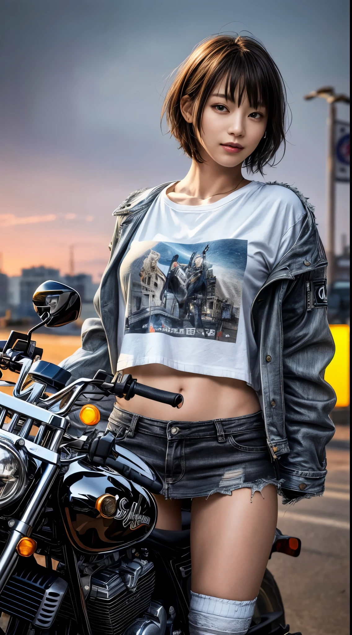 Angle from the front、smile、cowboy shot、torn printed t-shirt、City of night、((Emoガール))、((Emo))、Bad Woman、black short shaggy hair、gradient hair、(black double rider jacket)、((Black and gray plaid miniskirt))、big breasts、high socks、(((Motorcycle on background)))、ふhighest quality,(RAW photo:1.2)、(realistic:1.4),(High resolution:1.4), 1 girl, written boundary depth,, intricately detailed,8K, very detailed, perfect lighting, epic background、((delicate pictures))，(***の詳細なRAW photo),(highest quality:1.6), (超High resolution:1.5), (realistic:1.75), 8K resolution, Canon EOS R5, 50mm,  Super detailed,cinematic lighting,correct finger、(I can see very small white panties)