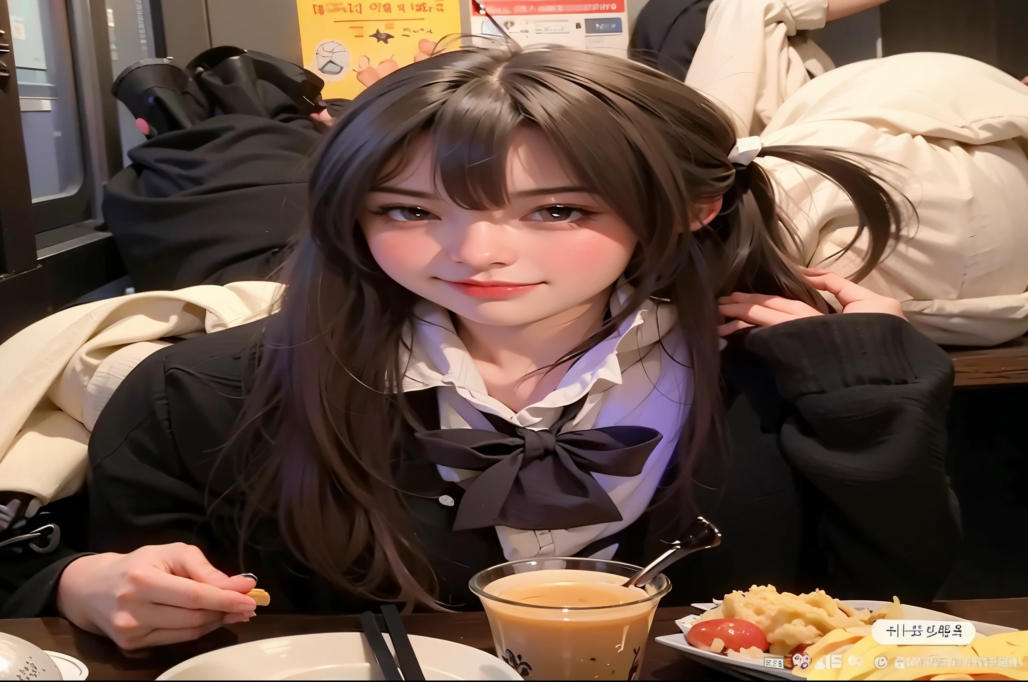 garota araffe sentada em uma mesa com um prato de comida e uma bebida, garota de anime na vida real, com cabelo comprido, cabelo arrumado com franja, penteado com corte hime branco, cabelo castanho longo com franja, cute face, Korean feminine face, cute girl, big eyes
