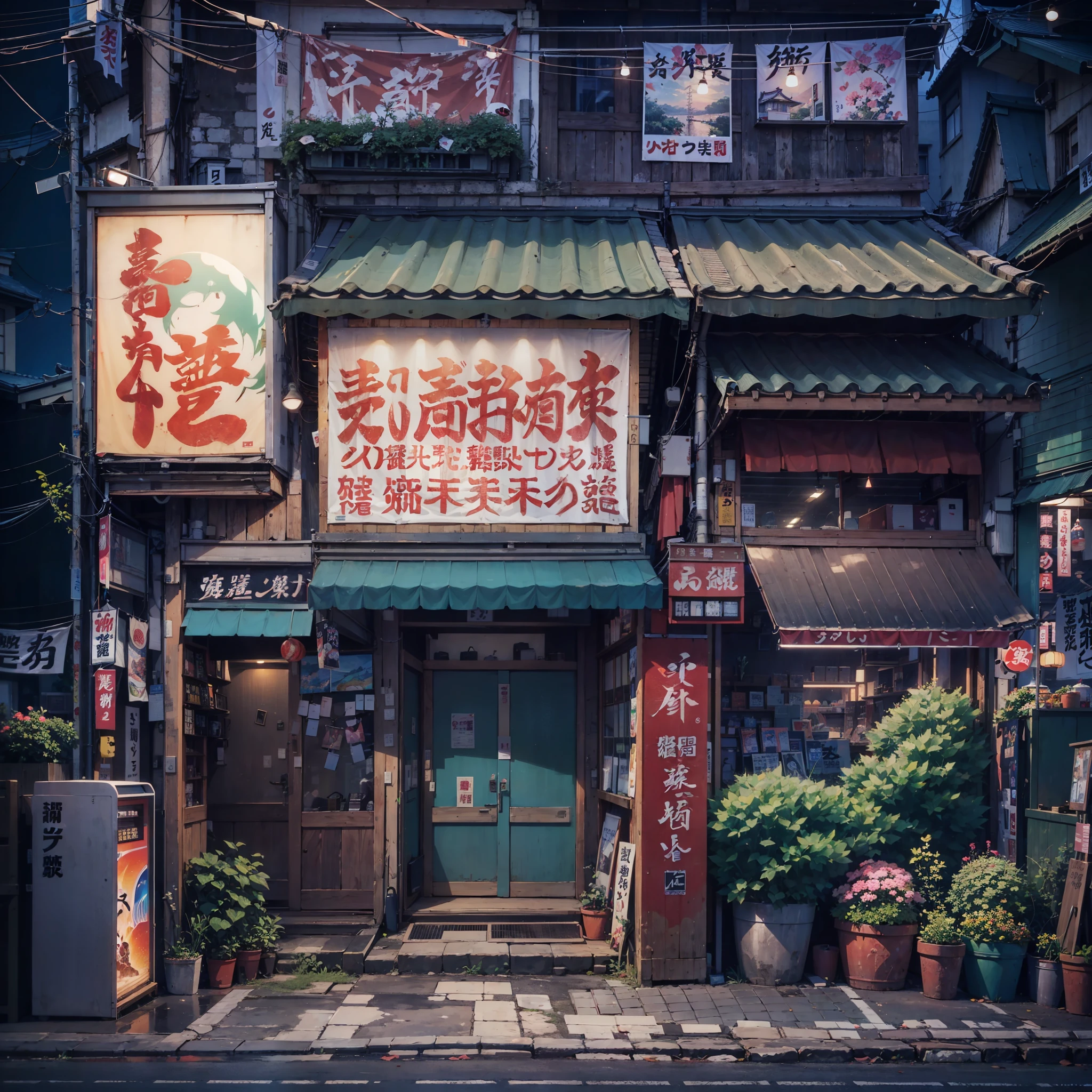 anime background, anime wallpaper, best quality, anime, anime style, anime vibe, anime scene, retro tokyo shop, 80s style japanese retro shop, shop on the side of a road where the road is overlooking the city, japan, nighttime, night time, night, dark, scene lit up from the shop, big retro japanese shop signs, japanese shop banners, japanese billboards, japanese shop signs, japanese signs, japanese banners, banners, plant pots, trash cans, air vents, gutters, telephone wires, wires, cables, air ventilation systems, (no one: 1), no one in sight, empty scene