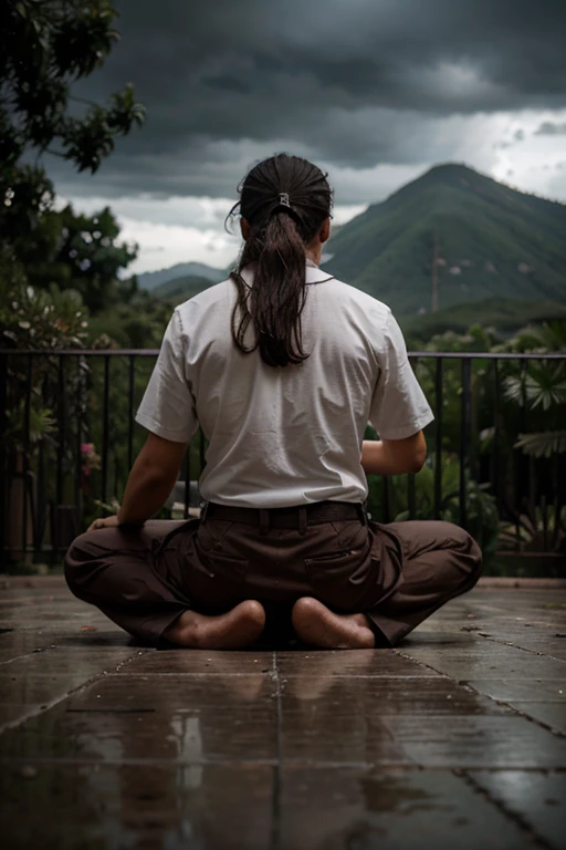 hombre meditando bajo la tormenta 