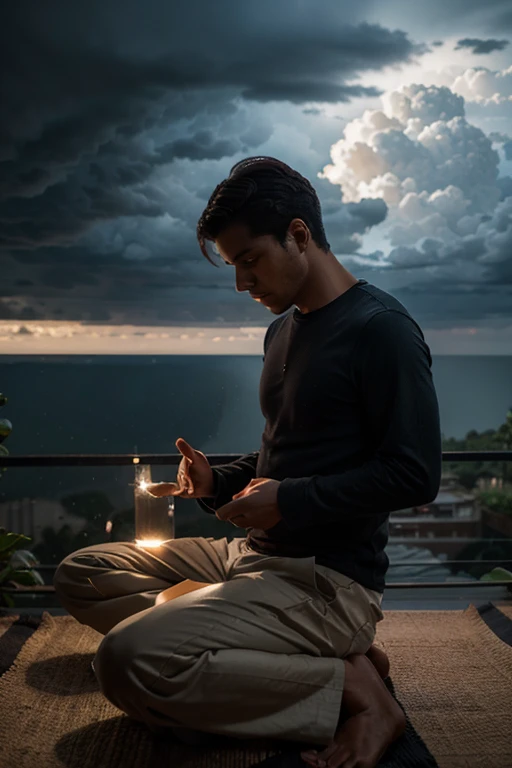hombre meditando bajo la tormenta 