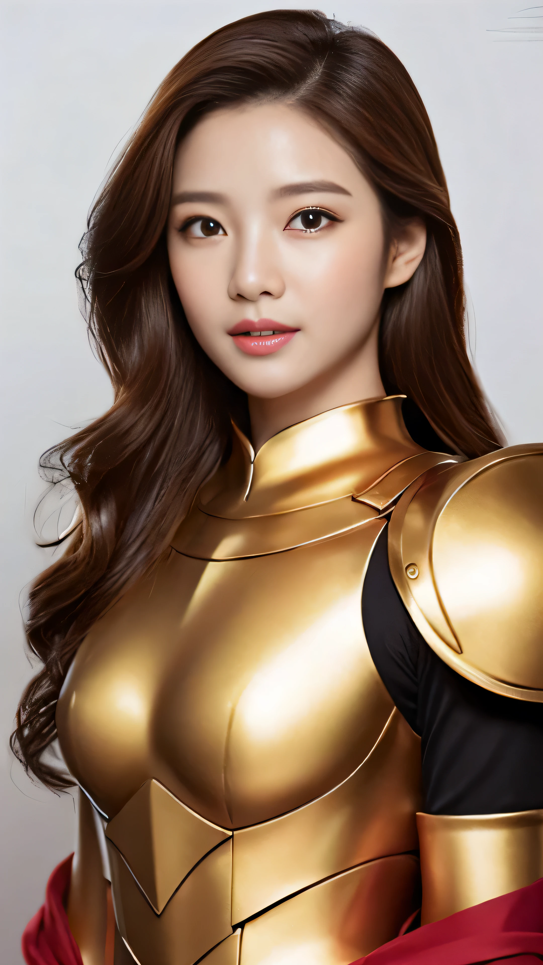 High-definition images(masterpiece:1.2)、High-definition images、facial details、(detailed face)、(fine eyes)、(Highest image quality)(traditional media:1.2)、(white background)、Upper body、(destiny)、know、golden armor、chestnut hair、gauntlet、brown eyes、hair is beautiful、armor dress、Red clothes、Full body high-definition engraving、