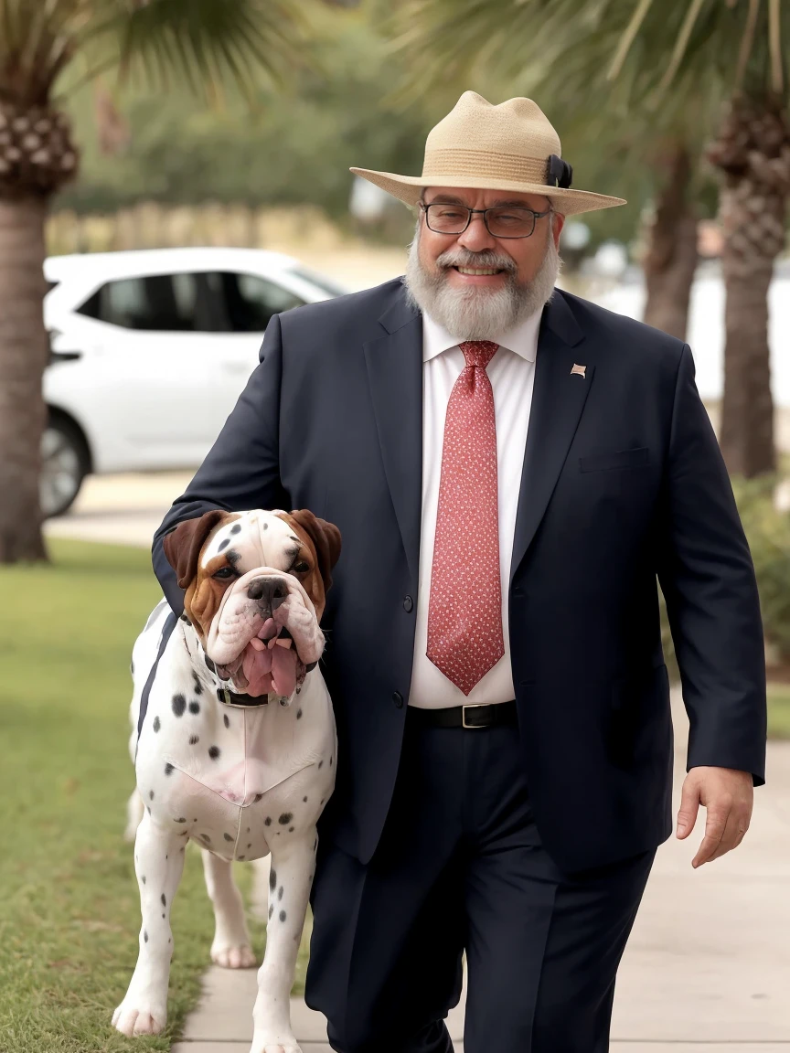 Uma luz amarelada de fim de tarde ilumina o corpo e o ambiente, Wear a suit blazer, formal tie, dress pants, black shoes,alta qualidade,altamente detalhado,cena intensa, solid, Gritty reality scenario for a 62 year old sexy and fat bearded man full of sweat full body big belly only he is wearing prescription glasses or Sport glasses in the image, barbudo grizalho, barba Grande
, smiling Laughing expression of great happiness, wearing a hat or wearing a hat on the head, ((ele usa apenas no corpo cueca box com detalhes branco)),rosto atordoado,Abra as pernas, Florida square environment luxurious outdoor place, He walks his English Cocker Spaniel or English Bulldog, Dalmatians, collie, Maltese, he affectionately holds the dog in his arm or holds him petting him on his lap.