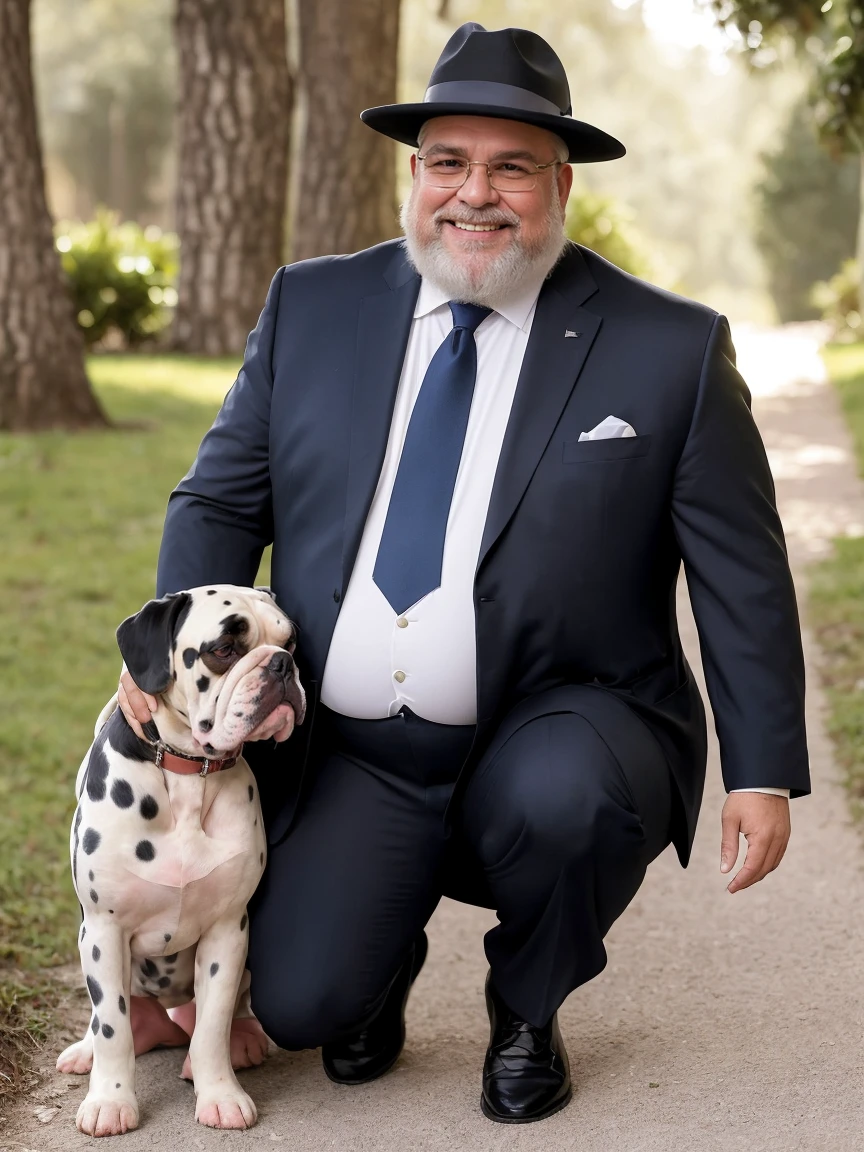 Uma luz amarelada de fim de tarde ilumina o corpo e o ambiente, Wear a suit blazer, formal tie, dress pants, black shoes,alta qualidade,altamente detalhado,cena intensa, solid, Gritty reality scenario for a 62 year old sexy and fat bearded man full of sweat full body big belly only he is wearing prescription glasses or Sport glasses in the image, barbudo grizalho, barba Grande
, smiling Laughing expression of great happiness, wearing a hat or wearing a hat on the head, ((ele usa apenas no corpo cueca box com detalhes branco)),rosto atordoado,Abra as pernas, Florida square environment luxurious outdoor place, He walks his English Cocker Spaniel or English Bulldog, Dalmatians, collie, Maltese, he affectionately holds the dog in his arm or holds him petting him on his lap.