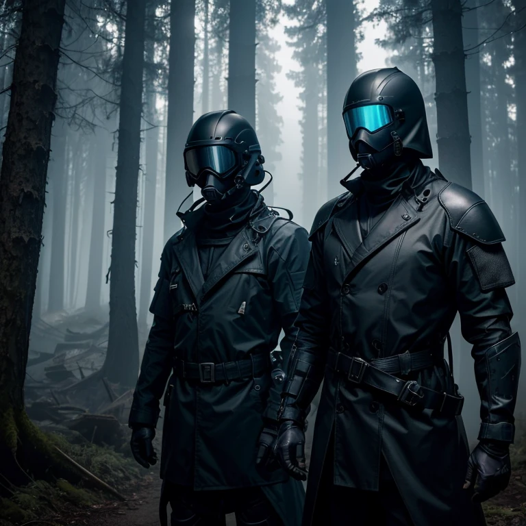 (best quality,highres,ultra-detailed),man,scuba helmet,dark blue distressed trench coat,(medium:tactical armor:no visible face),mysterious,cool vibes,forest setting,nighttime,sleek design,low-key lighting,dramatic shadows,silhouette.
